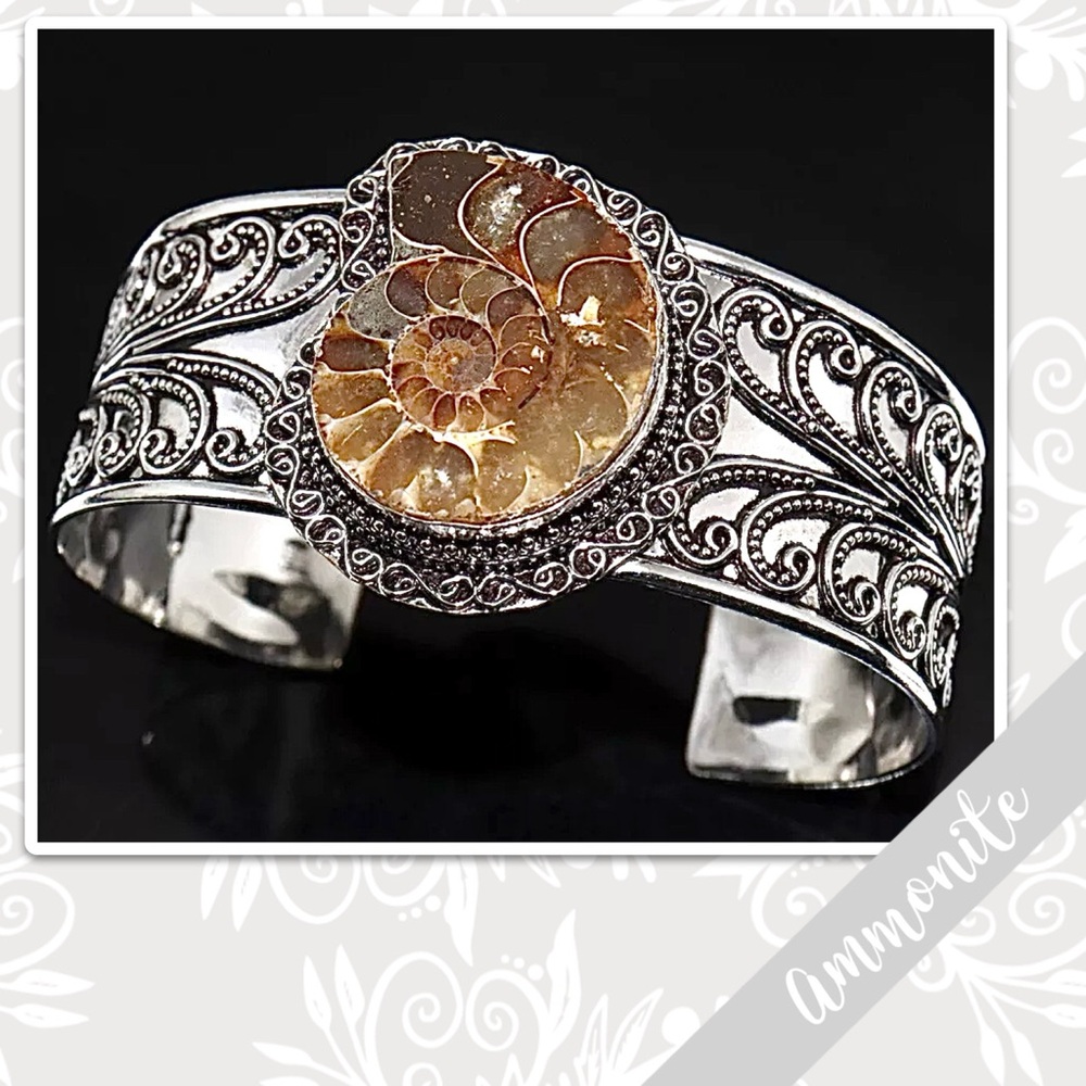 Ammonite Fossil Silver Artisan Bangle Cuff Bracelet Adjustable Brown / Tan shell